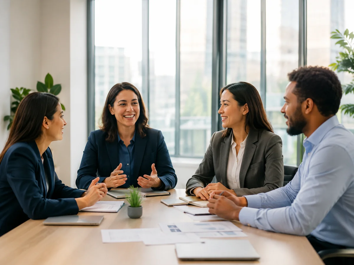 A diverse professional team in a relaxed discussion around a meeting table