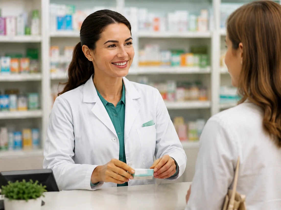 A pharmacist talking with a customer across the counter of a modern community pharmacy