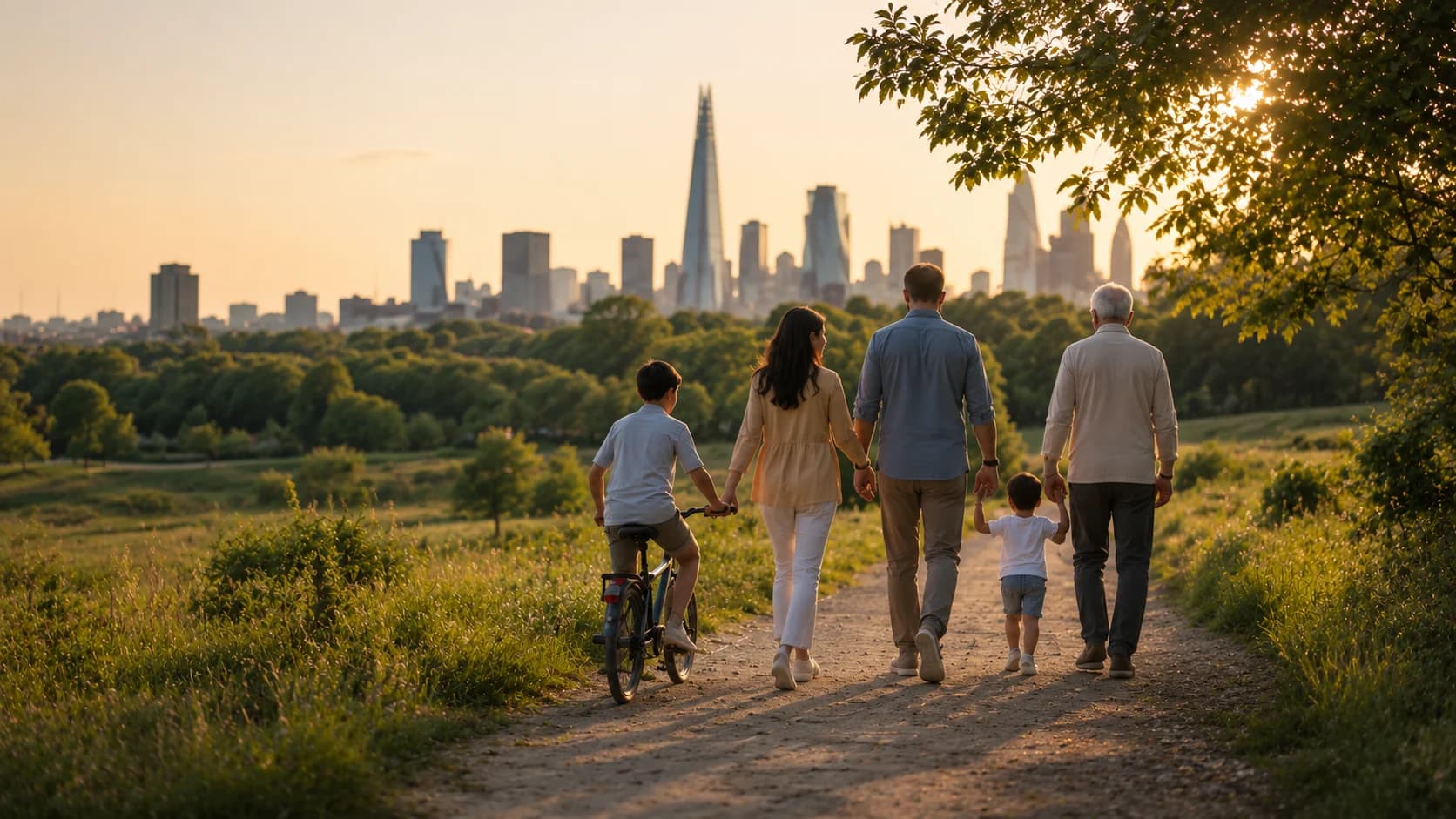A multigenerational family walking and cycling together along a path in a green park in warm evening light