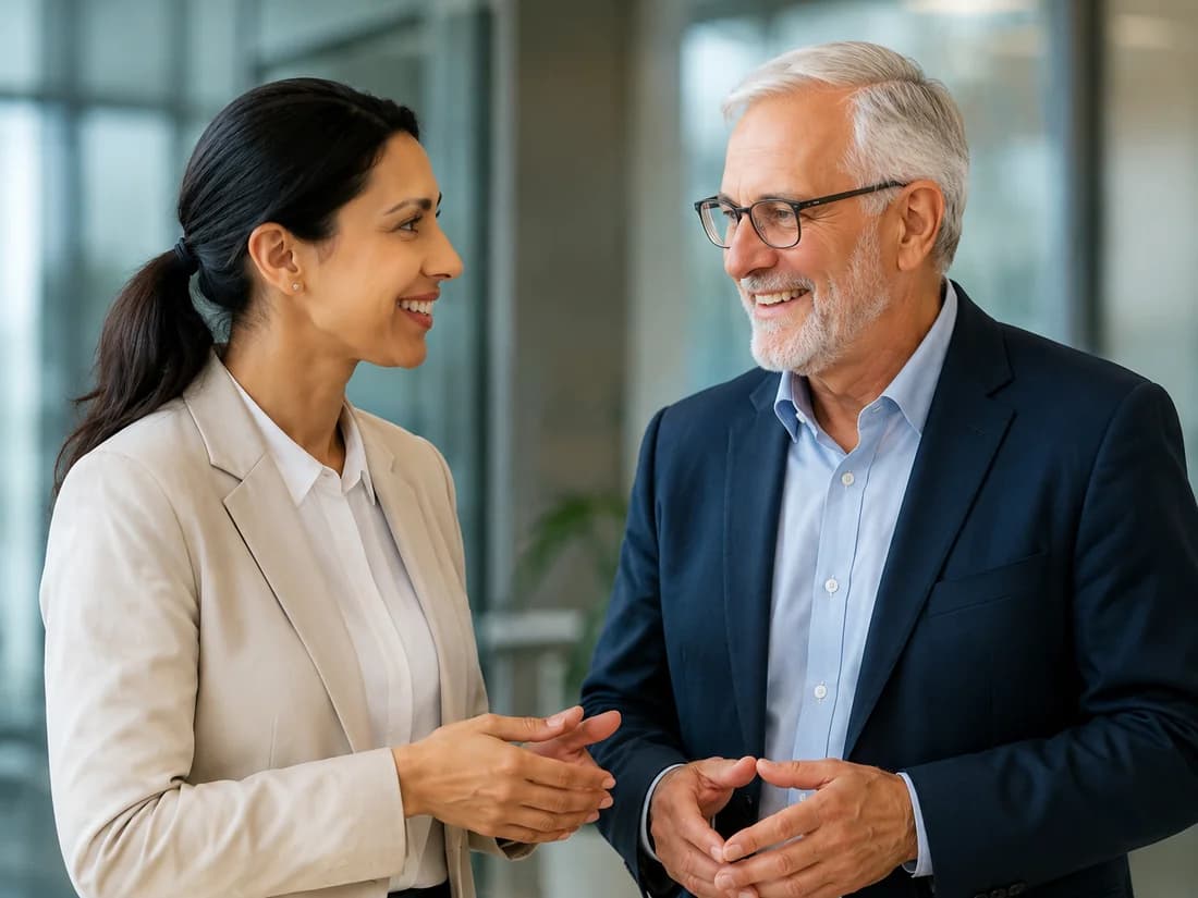 Professionals in a leadership discussion in a bright office